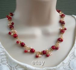 Red Coral Cluster Necklace.Dangle Earrings.Jewelry Set.Pearl.Gold.Silver.Bridal.Cluster.Statement.Choker.Chunky.Colorful.Holiday.Handmade.