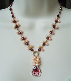 Red Garnet Crystal Pendant Necklace.Freshwater Pearls.Cluster.Gemstone.Beaded.Gold.Metal.Statement.Bridal.Ruby.Bridesmaid.Gift.Handmade.