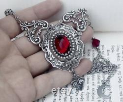 Red Gothic Necklace, Red Jewel Necklace, Red Wedding Jewelry, Red Bridal Necklace, Gothic Jewelry, Goth Necklace, Medieval Necklace