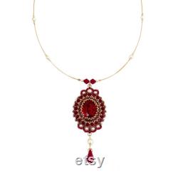 Red Swarovski crystal and pearl statmanet pendant necklace, Victorian style beaded necklace for women, Red wedding jewelry