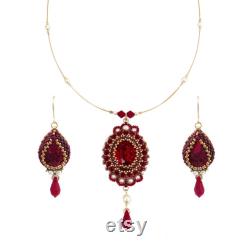 Red Swarovski crystal and pearl statmanet pendant necklace, Victorian style beaded necklace for women, Red wedding jewelry