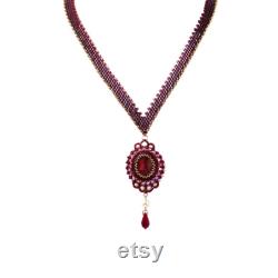 Red statement necklace, Victorian style pendant necklace, Swarovski crystal and pearl beaded necklace, Burgandy necklace