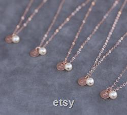 Rose Gold Bridesmaid Necklace, Set of 5, Pearl and Initial Bridesmaid Jewelry, Handstamped Rose Gold Jewelry Gift for Bridesmaids