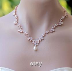 Rose Gold Crystal Necklace, Crystal Bridal Necklace, Rose Gold Bridal Jewelry, ASHLEY RG