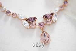 Rose gold Bridal necklace, Bridal jewelry, Blush crystal Wedding necklace, Rose gold Wedding jewelry, Teardrop necklace, Statement necklace