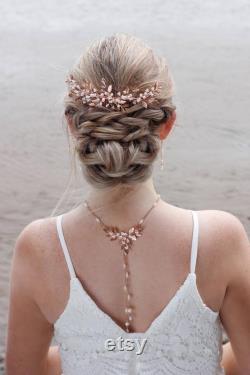 Rose gold backdrop necklace, freshwater pearl rose gold necklace, pearl bridal jewelry, bridal jewellery, leaves, leaf vine, back drop