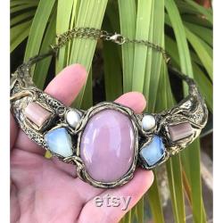 Rose quartz Opal Sunstone collar necklace, pink bib necklace, gemstone wide choker