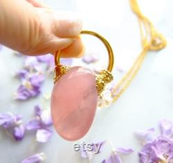 Rose quartz pendant necklace rose quartz tumble Electroformed 24k gold plating
