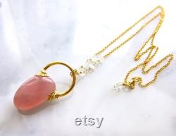 Rose quartz pendant necklace rose quartz tumble Electroformed 24k gold plating