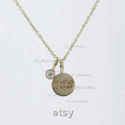Round Disc Two Diamond Charm BaB' Engraved Pendant Necklace Solid 14K Yellow Gold Adjustable Link Chain Handmade Fine Jewelry
