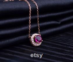 Round Shaped Red Tourmaline Rubellite Halo Diamond Necklace in 18k Rose Gold Chain Wedding Birthday Anniversary Valentine's