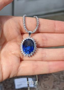 Royalty Repulica Princess Diana Celebrity Inspired Real Blue Sapphire Pendant With Halo 9.30ct Oval Cut Mother's Day Gift Lady Di Necklace