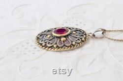 Ruby necklace, Sterling silver necklace with red ruby, Filigree necklace Silver necklace with gold plating Vintage silver necklace with ruby