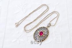 Ruby necklace, Sterling silver necklace with red ruby, Filigree necklace Silver necklace with gold plating Vintage silver necklace with ruby