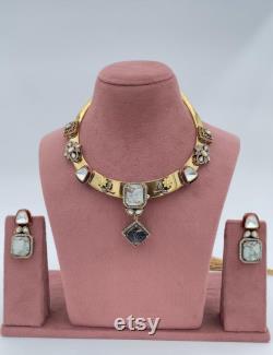 Sabyasachi Hasli Handcrafted Doublet Polki Studded Necklace Sabyasachi Boho necklace jewelry set Pakistani Jewelry Gift for her Bride