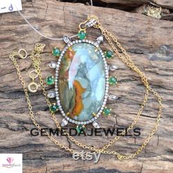 Sale Jasper Gemstone Pendant, 925 Silver Gold Plated Jewelry, Emerald Silver Pendant, Pave Diamond Jewelry, 16 Link Chain Pendant, Gifts