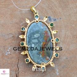 Sale Jasper Gemstone Pendant, 925 Silver Gold Plated Jewelry, Emerald Silver Pendant, Pave Diamond Jewelry, 16 Link Chain Pendant, Gifts