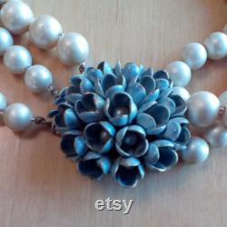 Sandor, choker, faux pearls, blue enamel crocus bouquet