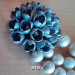 Sandor, choker, faux pearls, blue enamel crocus bouquet