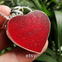 Scottish red UV sea glass heart pendant, sterling silver necklace
