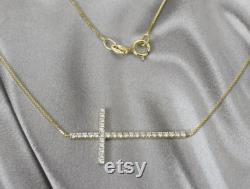 Sideway Diamond Cross Necklace 10k 14k 18k Solid Gold Cross Necklace Natural Brilliant Diamond Rose Gold White Gold Free Shipping