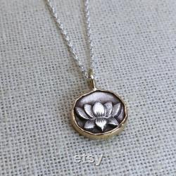 Silver Lotus Pendant, Silver and 14k Gold Lotus Blossom Token Necklace, Dimensional Charm, Hand Forged Fine Silver, Unique Gift for Her