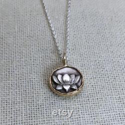 Silver Lotus Pendant, Silver and 14k Gold Lotus Blossom Token Necklace, Dimensional Charm, Hand Forged Fine Silver, Unique Gift for Her