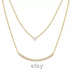 Simple Stainless Steel Gold Plated Double Layers Zircon Smile Bar Necklace Titanium Steel Layered Crystal Curve Bar Necklace