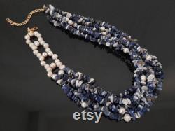 Sodalite necklace. Raw crystal chunky statement necklace. Multistrand white blue beaded necklace. Bold gemstone necklace. Mom birthday gift