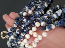 Sodalite necklace. Raw crystal chunky statement necklace. Multistrand white blue beaded necklace. Bold gemstone necklace. Mom birthday gift