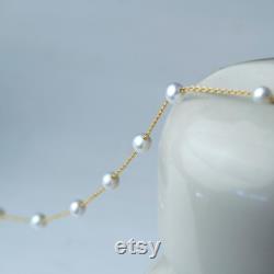 Solid Gold Pearl Necklace 9k 14k or 18k Solid Gold Dainty Necklace Pearl Station Necklace 3mm or 4mm