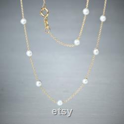 Solid Gold Pearl Necklace 9k 14k or 18k Solid Gold Dainty Necklace Pearl Station Necklace 3mm or 4mm