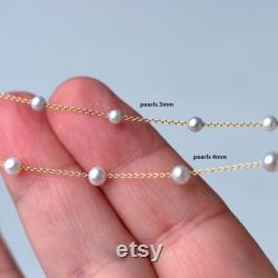 Solid Gold Pearl Necklace 9k 14k or 18k Solid Gold Dainty Necklace Pearl Station Necklace 3mm or 4mm