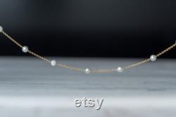 Solid Gold Pearl Necklace 9k 14k or 18k Solid Gold Dainty Necklace Pearl Station Necklace 3mm or 4mm