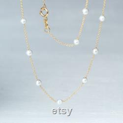 Solid Gold Pearl Necklace 9k 14k or 18k Solid Gold Dainty Necklace Pearl Station Necklace 3mm or 4mm