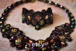 Soutache black necklace with beautiful colorful cabochons, collier necklace, collar necklace beaded, art jewelry, gift for her