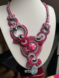Soutache necklace raspberry, grey Gift for her