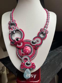 Soutache necklace raspberry, grey Gift for her