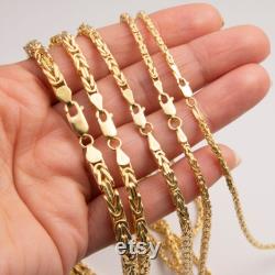 Square Byzantine Link Chain Necklace 14K Yellow Gold All Sizes