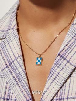 Square enamel blue white Pendant Necklace Gold Star cz Enamel square necklace square charm necklace, enamel pendant Blue white necklace
