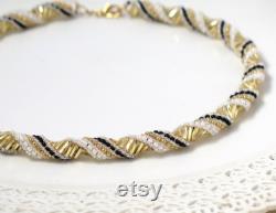 Statement black gold necklace for special occasion, Spiral hand beaded necklace,