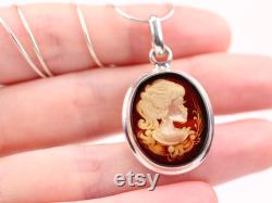 Sterling Silver Amber Pendant Hand Carved Reverse Intaglio Jewelry Genuine One of a Kind Baltic Amber Cameo Pendant