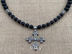 Sterling Silver Antique Replica Old Coptic Trinity Cross Pendant on Black Obsidian Gemstone Necklace, Original Holy Moments Artisan Design