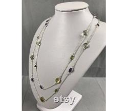 Sterling Silver Beaded Necklace with Natural Garnet, Amethyst, Peridot, Quartz and Citrine, Appraised 630 USD