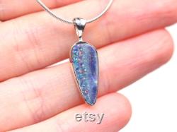 Sterling Silver Genuine Australian Boulder Opal Doublet Pendant High Quality Opal October Birthstone Rainbow Blue Fire Opal Necklace