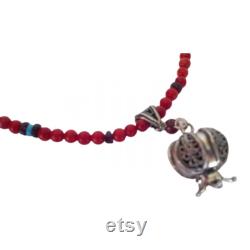 Sterling Silver Necklace Pendant Pomegranate garnets corals Israeli necklace jewelry