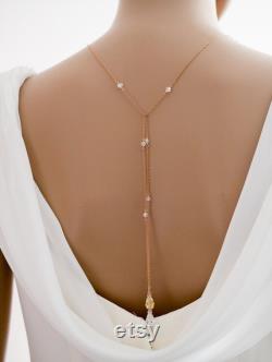 Sterling silver, Bridal Backdrop necklace, finished in 14k rose gold, 14k gold, Swarovski crystal and pearl