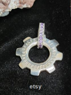 Sterling silver Pendant, dog tag, cog, with amethyst stones in the bail, letter stamp, new, hand crafted, made in the USA Pendant