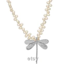 Sterling silver jewelry Dragonfly Necklace Gold Necklace Statement Pearl Necklace Dragonfly garden girl Necklace handmade gift