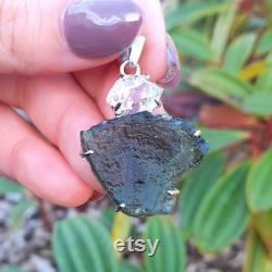 Stunning Moldavite and Herkimer pendant Genuine crystal gemstones